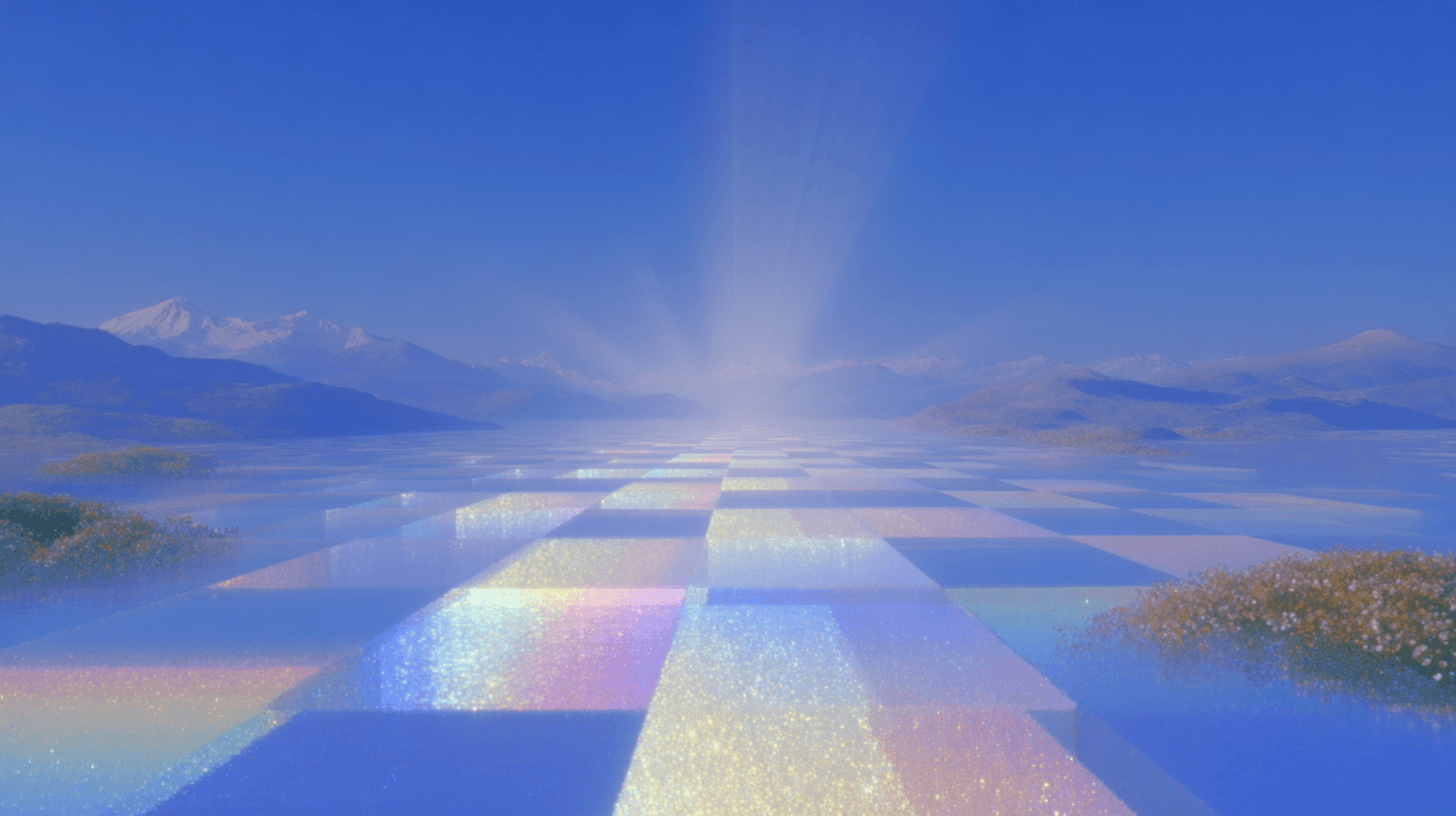 A rainbow-lit checkerboard path leading toward a bright horizon.