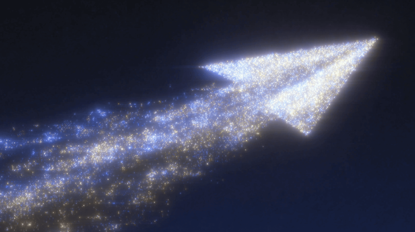 A glowing paper plane made of light streaking across a dark sky.