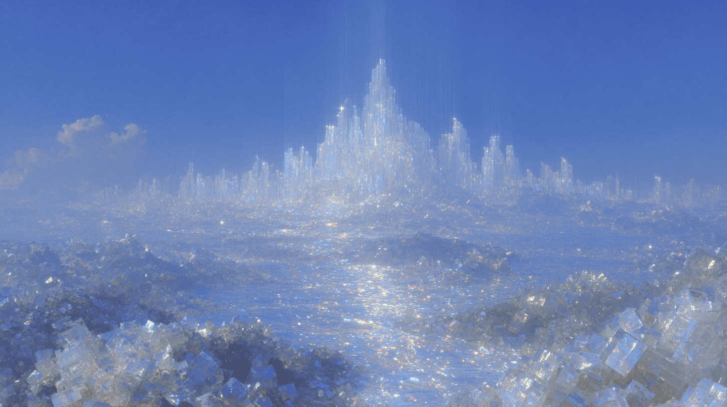 A crystal city rising from a sparkling blue landscape.
