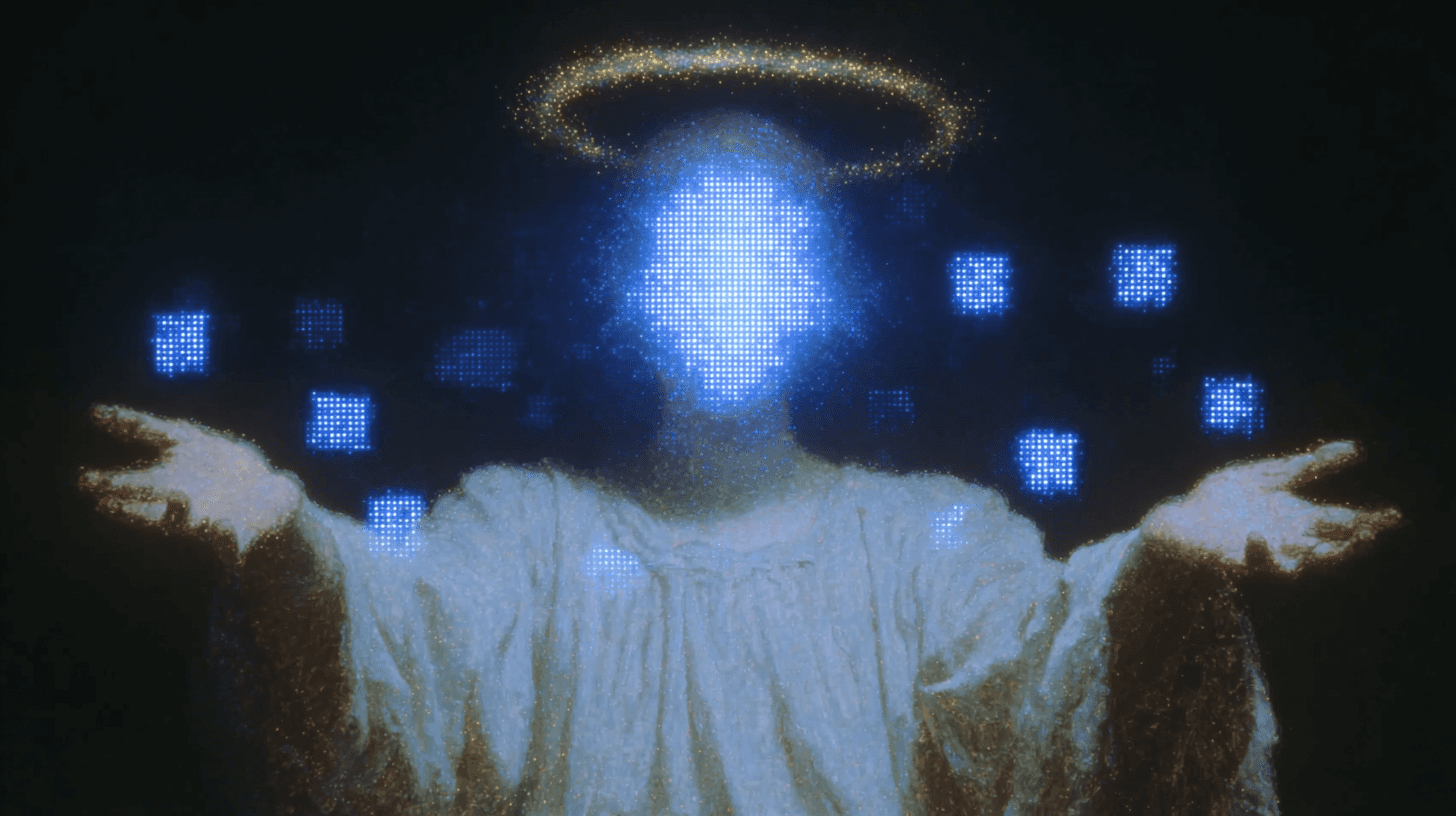 A figure with a glowing head and a halo, surrounded by floating blue squares.