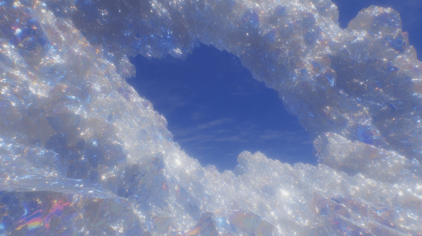 Sparkling crystal clouds framing an opening of blue sky.
