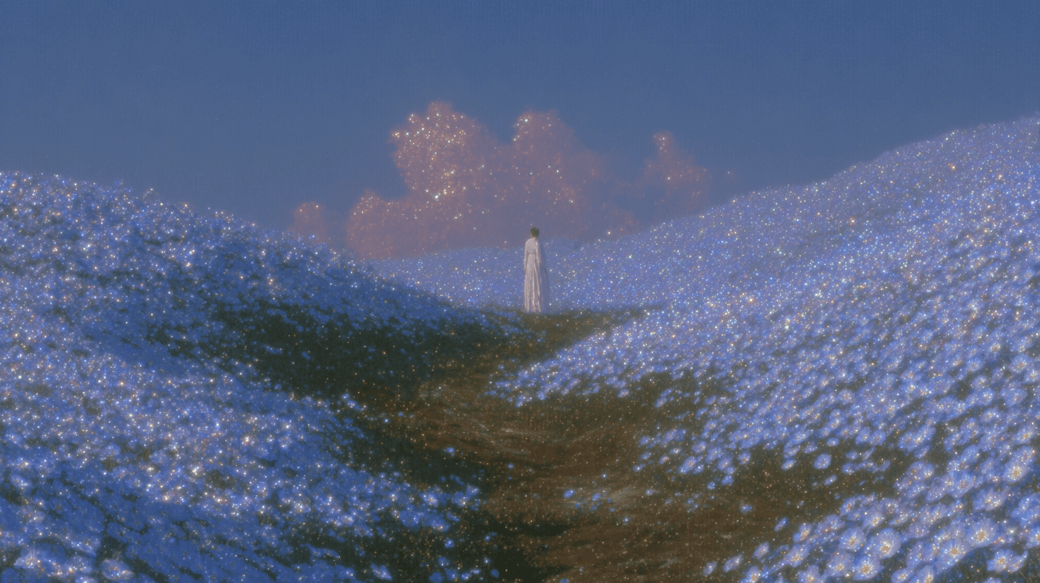 A field of white flowers leading to a small tower under pink clouds.